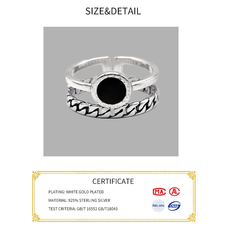 Genuine 925 Sterling Silver Rings for Women 2 layered black Minimalist Thin Circle Gem Rings Jewelry Carving S925 - luckacco