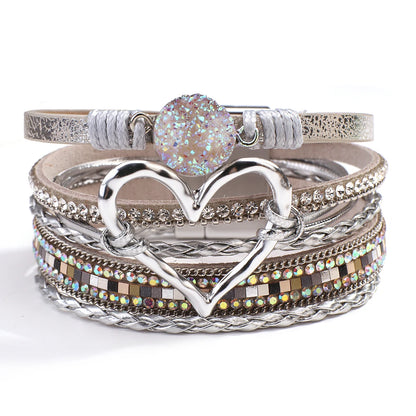 Luckacco Amorcome Fashion Braided Leather Wrap Bracelets Bangles Multilayer Resin Stone Hollow Heart Charm Bracelets Women Gift Pulseira