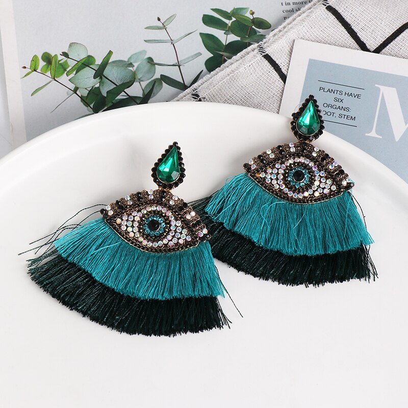 Wholesale JUJIA Ethnic Turkish Eye Beads Tassel Dangle Earrings For Women Boho Exaggerate Statement Jewelry Crystal Earring - luckacco