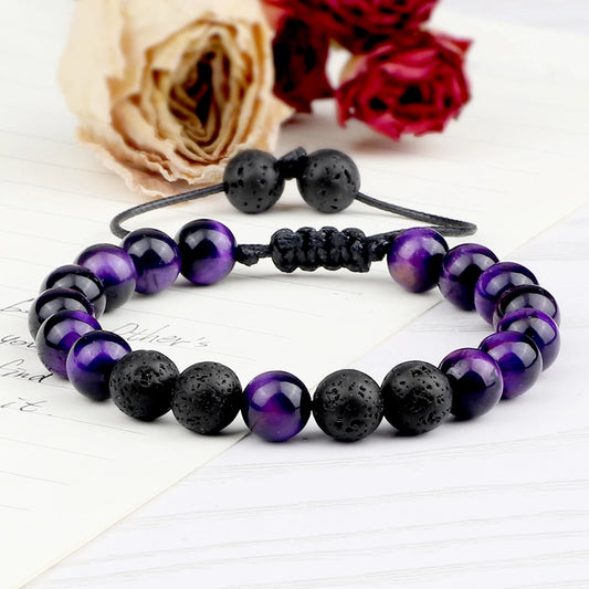 Luckacco High Quality Purple Tiger Eye Lava Beads Bracelet Women Natural Stone Healing Buddha Adjustable Bangles Jewelry Gift for Friend