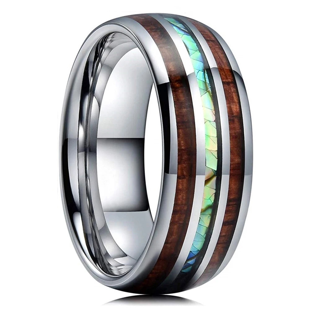luckacco fashion 8mm men stainless steel rings inlay meteorite abalone shell rings for men women wedding engagement band jewelry gift