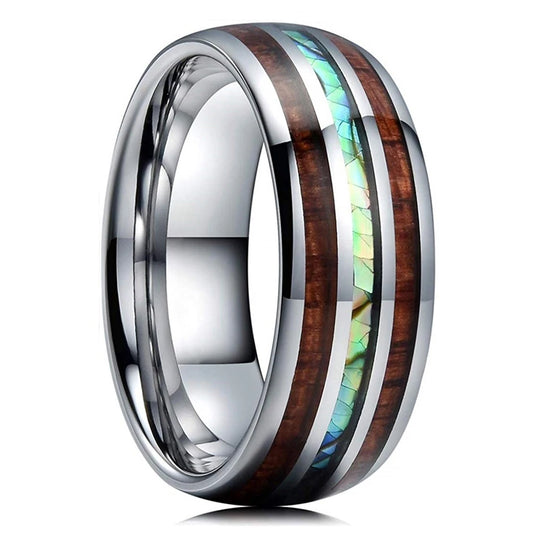 Luckacco Fashion 8mm Men Stainless Steel Rings Inlay Meteorite Abalone Shell Rings For Men Women Wedding Engagement Band Jewelry Gift
