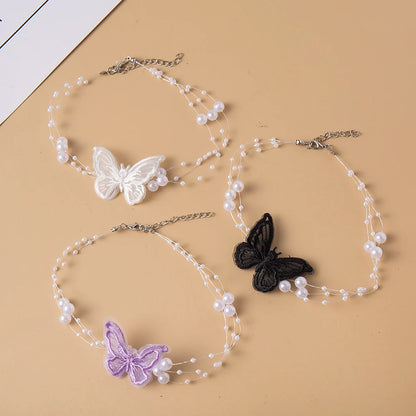 Luckacco Elegant Multilayer Pearl Choker Necklace Vintage Flower Butterfly Acrylic Chain Necklace For Women Fashion Wedding Jewelry Gift