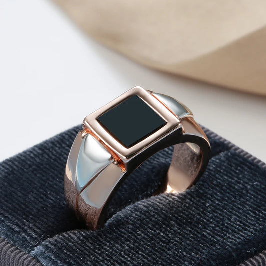 Luckacco Kinel Hot Fashion Black Stone Men Ring 585 Rose Gold Simple Square Ring For Women High Quality Daily Fine Jewelry