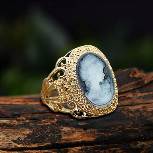 Luckacco 6 Colors Lady Queen Cameo Rings For Women Gold Color Pink Blue Gray Fashion Hollow Flower Lady Cameo Ring