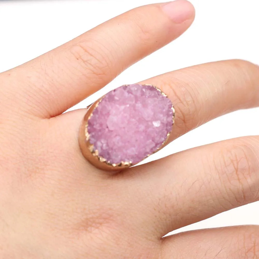 luckacco irregular agates druzy ring adjustable statement rings natural stone quartz rings for women jewelry