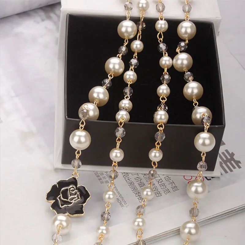 luckacco korean camellia double layerd sweater long chain pearl necklace pendant jewelry for women party