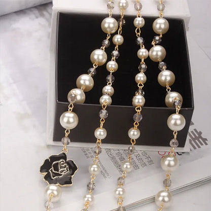 Luckacco korean Camellia double layerd sweater long chain pearl necklace pendant jewelry for women party