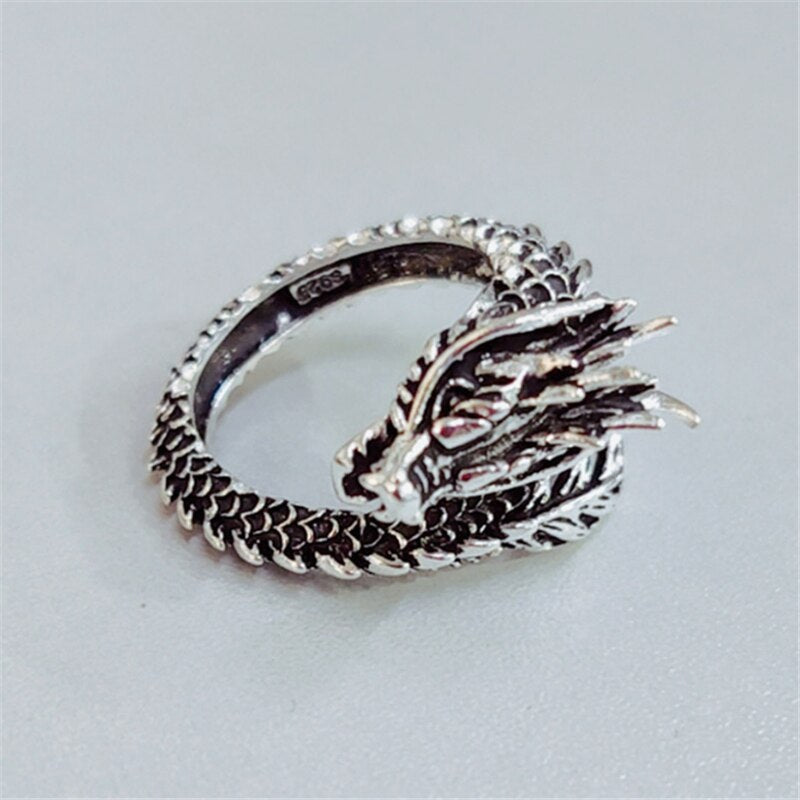 New Retro Vintage Domineering Dragon Tibetan Silver Rings For Men Zodiac Mens Girls Adjustable Big Ring Punk Personality Jewelry - luckacco