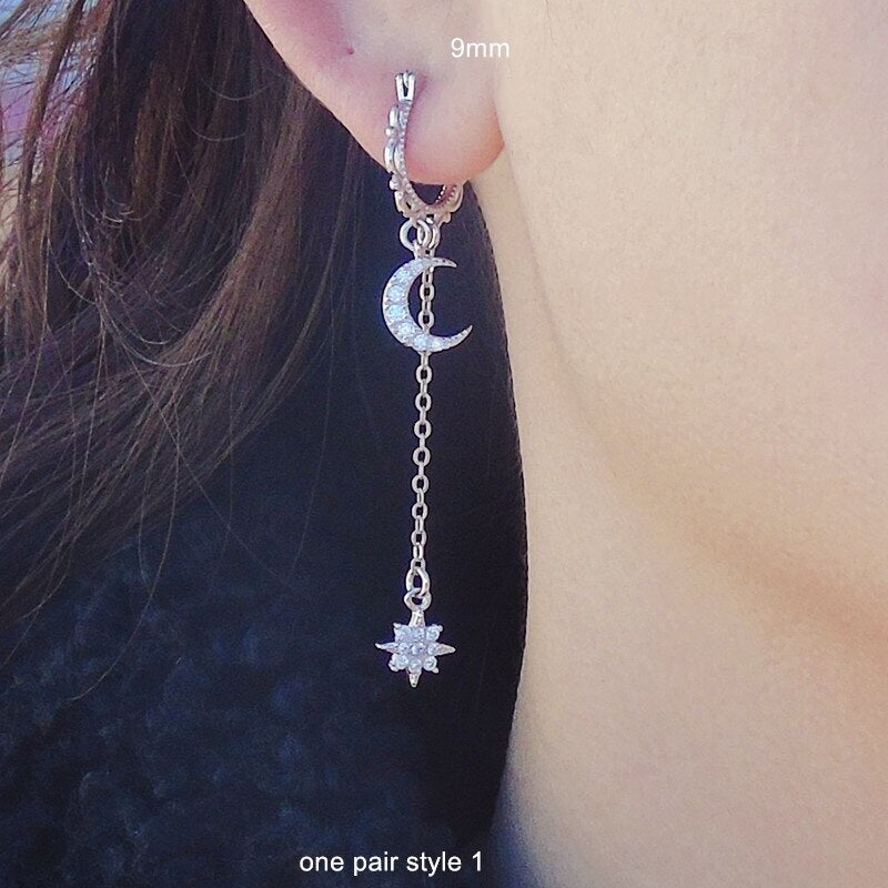 925 sterling silver earring design star moon 2/3/4 pierced Siamese ears chain ear bone ear buckle personality female ear jewelry - luckacco