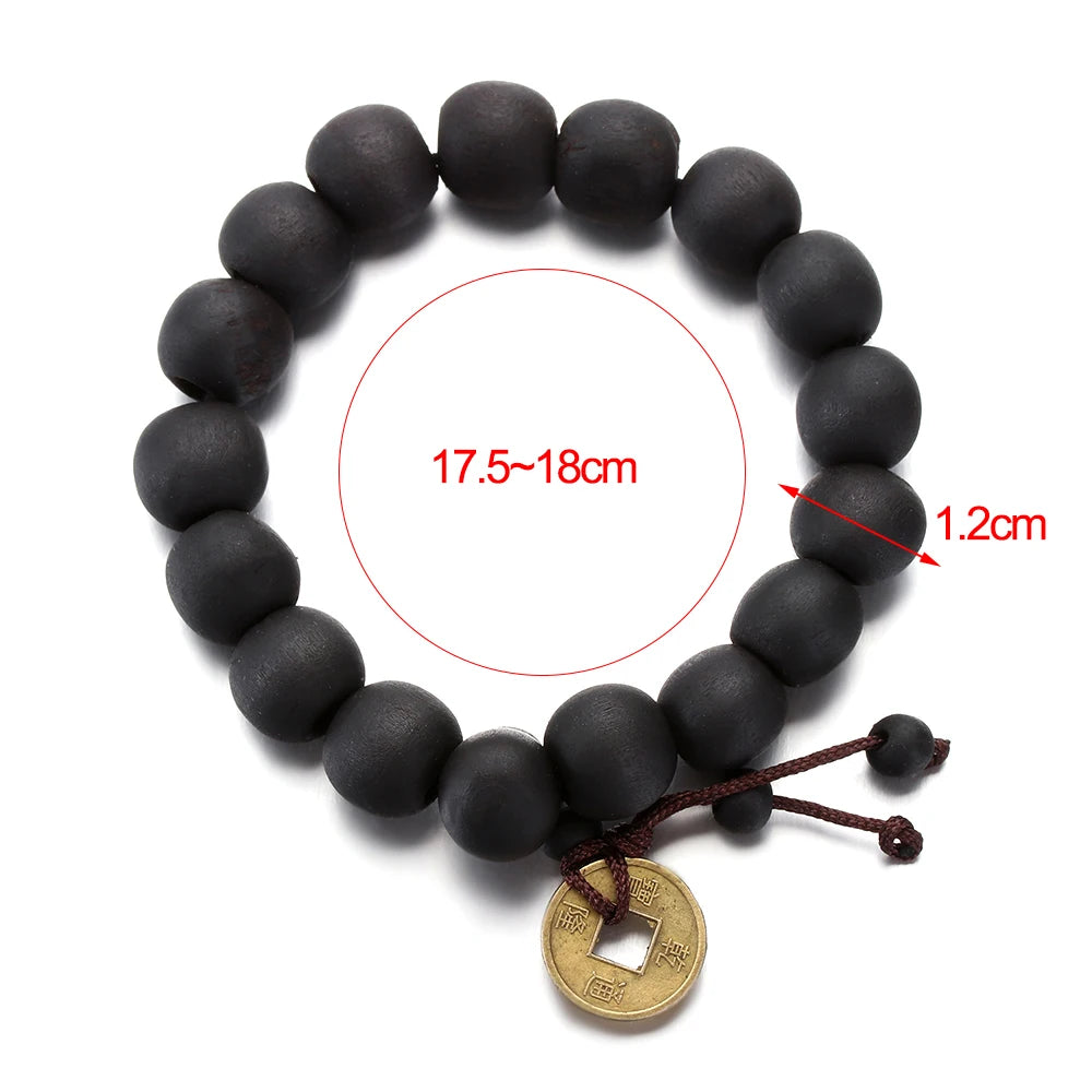luckacco 1pc wood bead new buddha bracelet buddhist  bangle prayer beads copper coin women men lucky religion bracelets charm jewelry