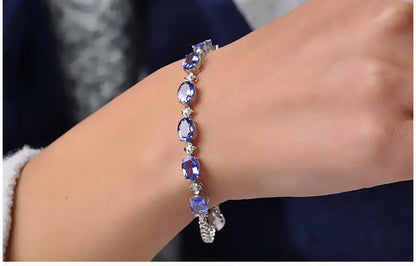 Luckacco Luxury 100% S925 Silver Bracelets For Woman With Blue Sapphire Gemstone Lady Fine Jewelry  Gift