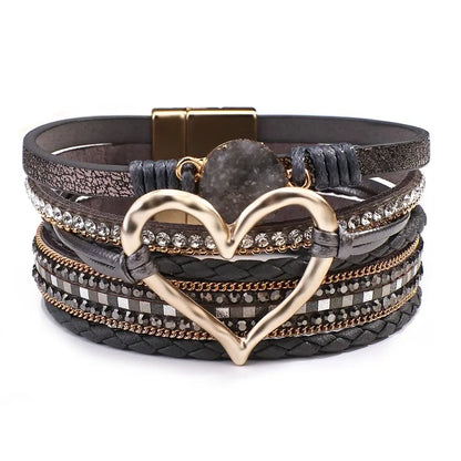 Luckacco Amorcome Fashion Braided Leather Wrap Bracelets Bangles Multilayer Resin Stone Hollow Heart Charm Bracelets Women Gift Pulseira