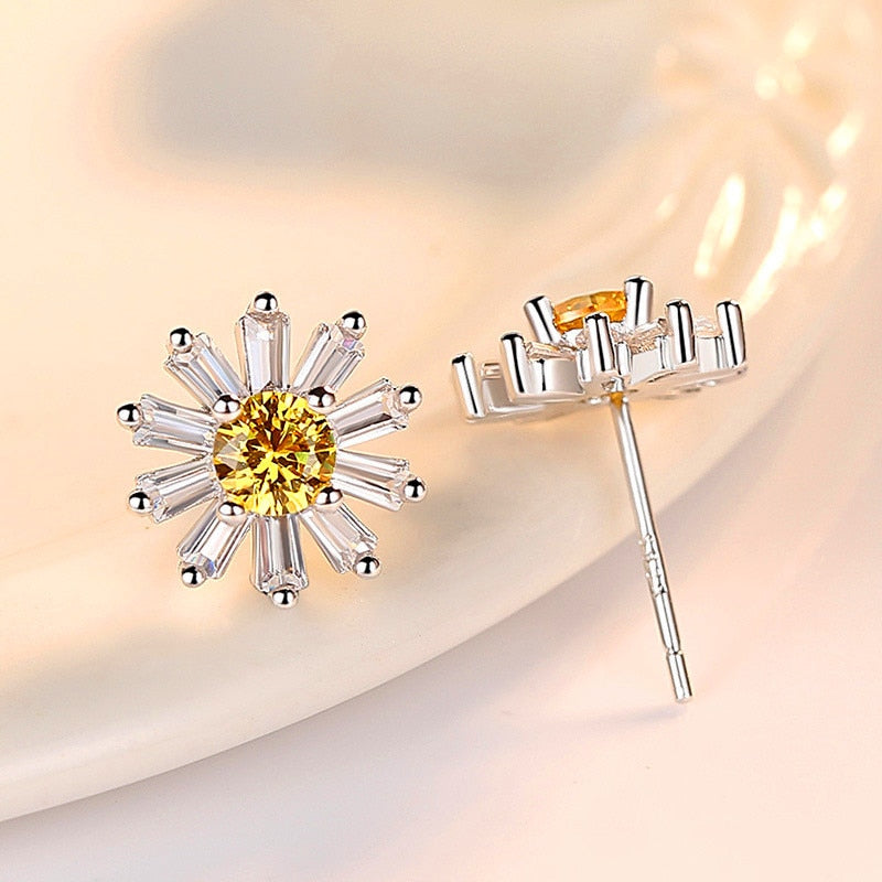 Trendy Female Yellow Round Crystal Earring Charm Silver Color Small Stud Earrings Luxury Sun Flower Wedding Earrings For Women - luckacco