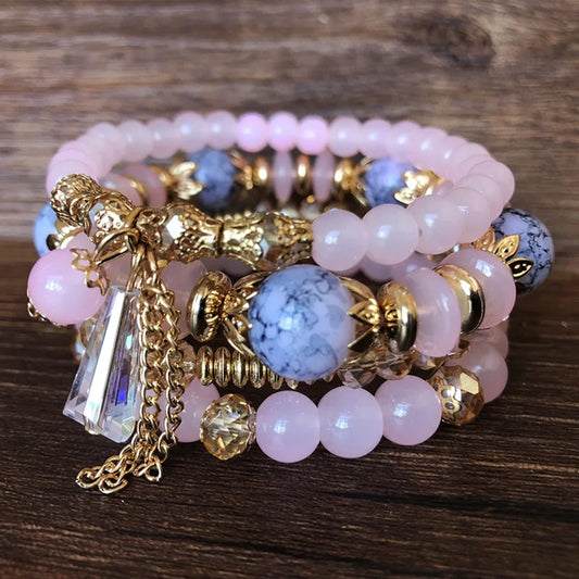 Luckacco Bohemian 4pcs Crystal Multi-layer Beaded Bracelet for Women Sweet Girls Colorful Round Shape Jewelry Friendship  Gifts
