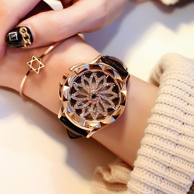 2023 Women Rhinestone Watches Lady Rotation Dress Watch brand Real Leather Band Big Dial Bracelet Wristwatch Crystal Watch - luckacco