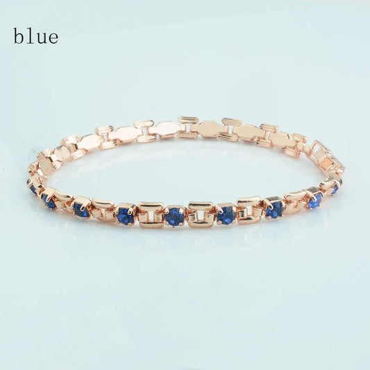 Luckacco 1pcs 4mm Women 585 Rose Gold Color White Blue Cubic Zircon Bracelets Jewelry Long Small Chains Hot