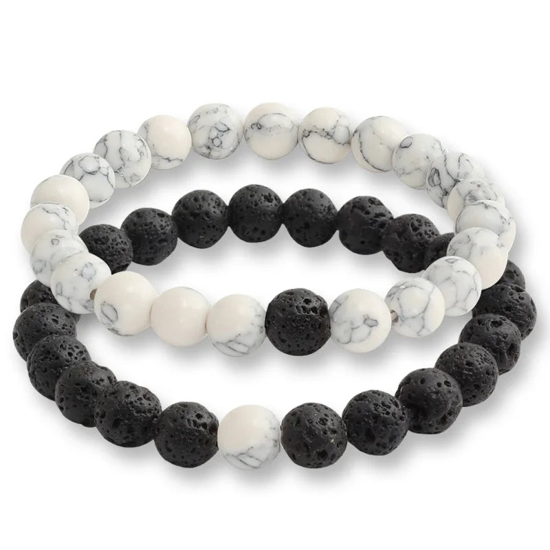 luckacco natural stone matching couple bracelet distance pink black beads for men women strand bracelets bangles yoga lover jewelry gifts