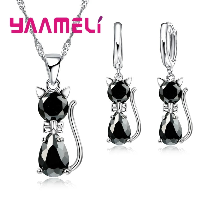 luckacco real 925 sterling silver color jewelry sets for woman girls shining austrian crystal cute cat pendant necklace huggie earring