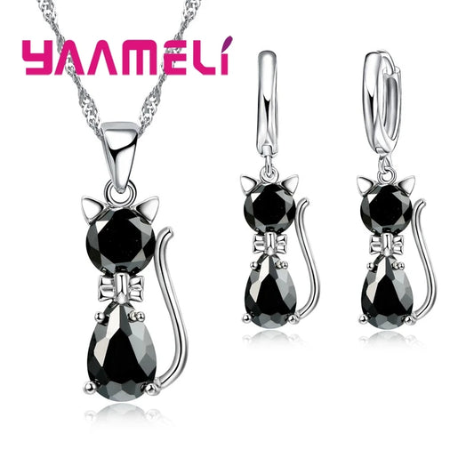 Luckacco Real 925 Sterling Silver Color Jewelry Sets for Woman Girls Shining Austrian Crystal Cute Cat Pendant Necklace Huggie Earring