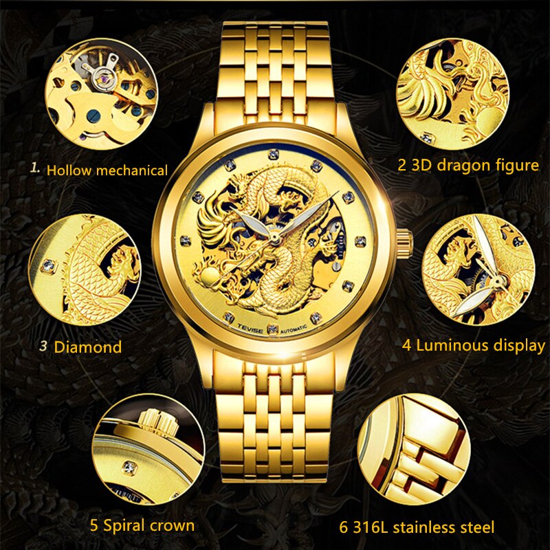 TEVISE Chinese Dragon Men Watch Automatic Watches Luminous Waterproof Male Clock Mens Watches Top Brand Luxury Wristwatches New - luckacco