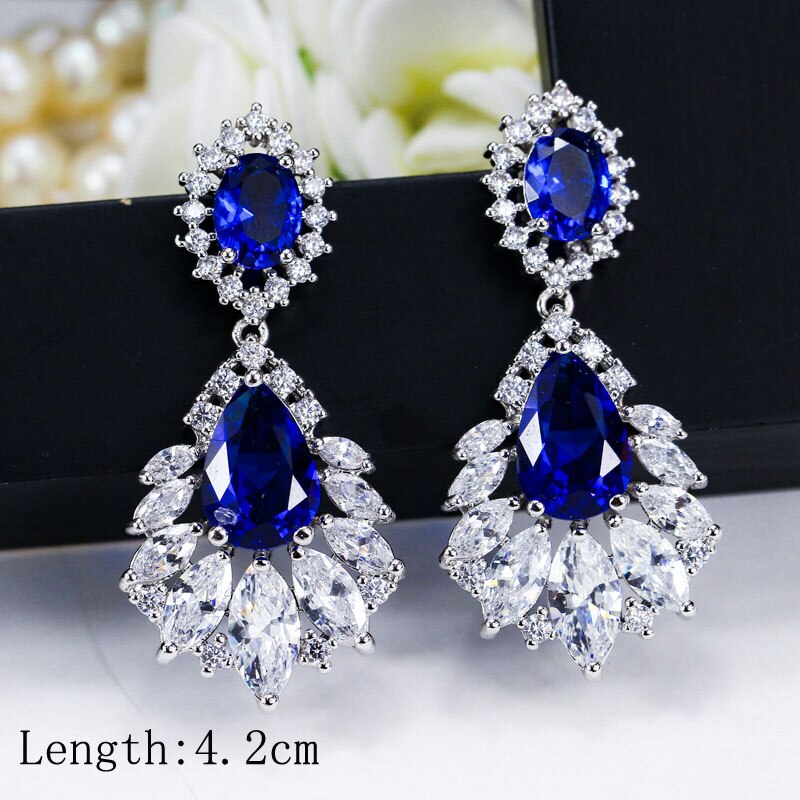 ThreeGraces Noble Big Cubic Zirconia Dark Blue Crystal Earring for Women Statement Round Flower Dangle Teardrop Earrings ER011 - luckacco