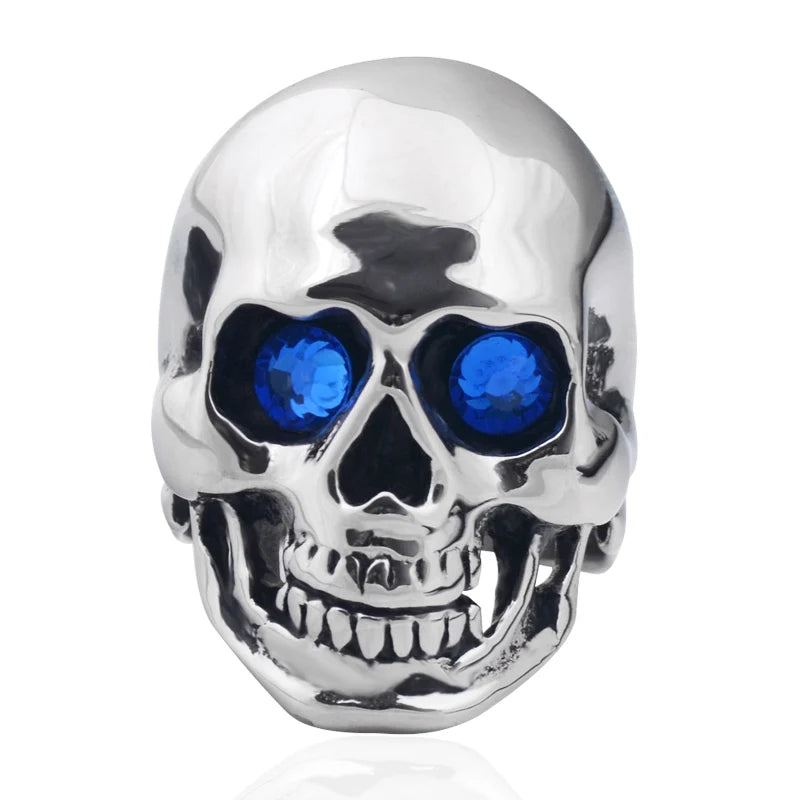 luckacco men's solid skull ring gothic punk biker rider red/blue eyes vintage stainless steel skeleton finger band men jewelry
