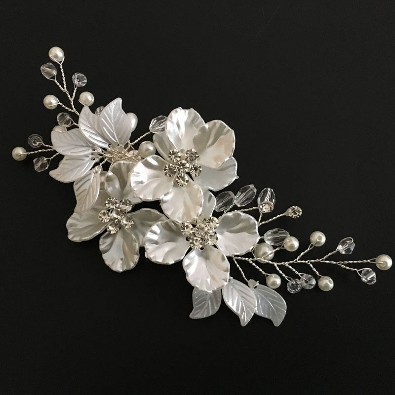 SLBRIDAL Handmade Silver Color Crystals Rhinestones Flower Leaf Wedding Hair Clip Barrettes Bridal Headpiece Hair accessories - luckacco
