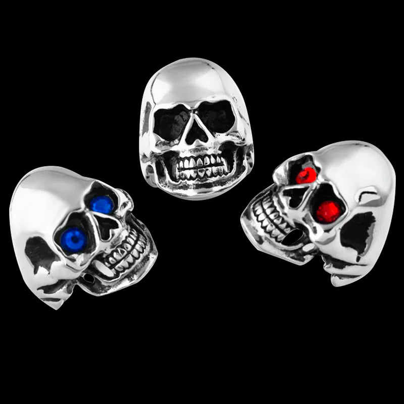 luckacco men's solid skull ring gothic punk biker rider red/blue eyes vintage stainless steel skeleton finger band men jewelry
