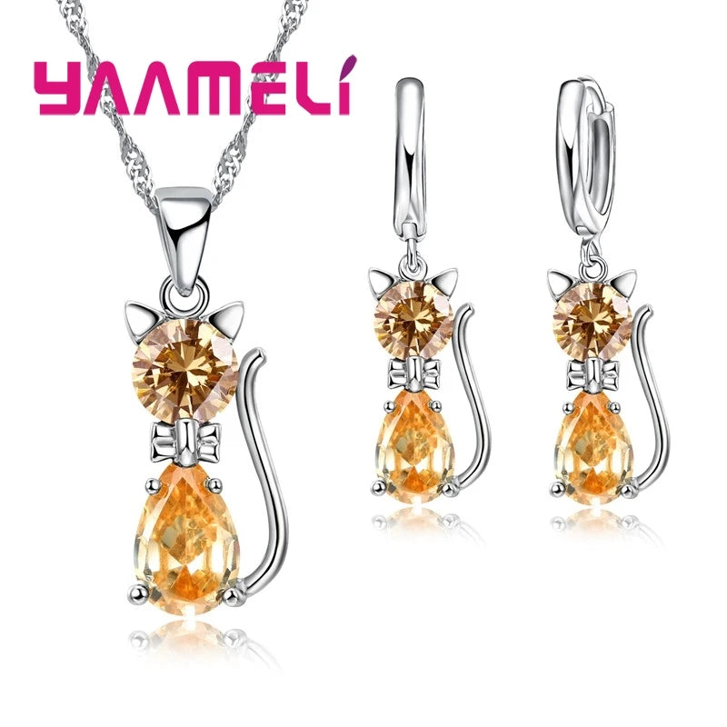 luckacco real 925 sterling silver color jewelry sets for woman girls shining austrian crystal cute cat pendant necklace huggie earring