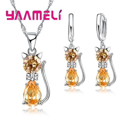 Luckacco Real 925 Sterling Silver Color Jewelry Sets for Woman Girls Shining Austrian Crystal Cute Cat Pendant Necklace Huggie Earring
