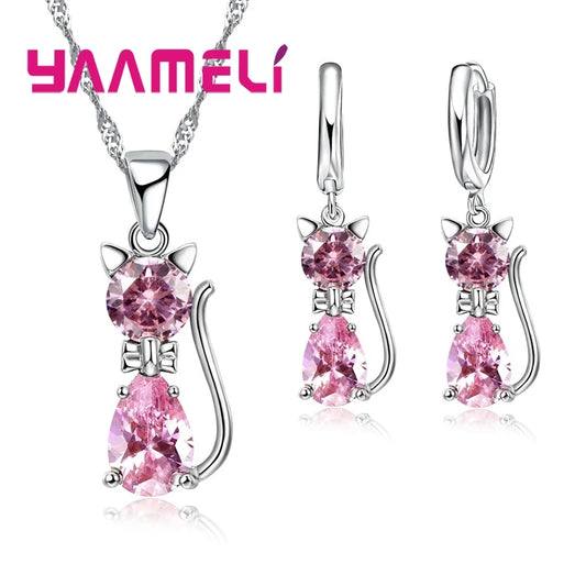 Luckacco Real 925 Sterling Silver Color Jewelry Sets for Woman Girls Shining Austrian Crystal Cute Cat Pendant Necklace Huggie Earring