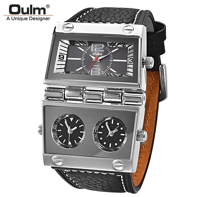 New Men Dual Display Sports Watches Oulm Men Watch Fold Big Size Fashion Outdoor Clock Leather Quartz Watch Relogio Masculino - luckacco