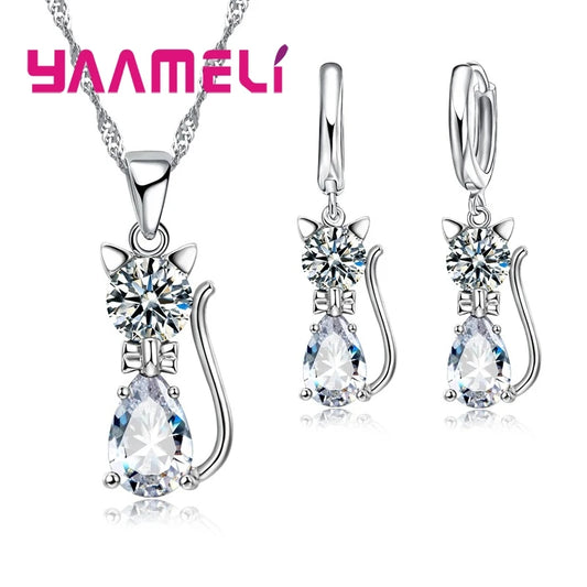 Luckacco Real 925 Sterling Silver Color Jewelry Sets for Woman Girls Shining Austrian Crystal Cute Cat Pendant Necklace Huggie Earring