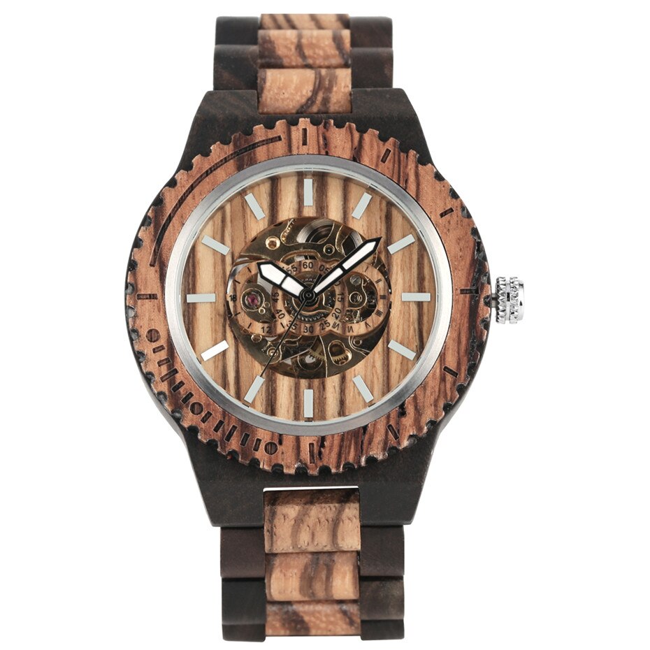 Automatic Mechanical Men Watch Wooden Watches Luxury Mens Wood Watchband Creative New Self Winding Male Timepieces reloj - luckacco