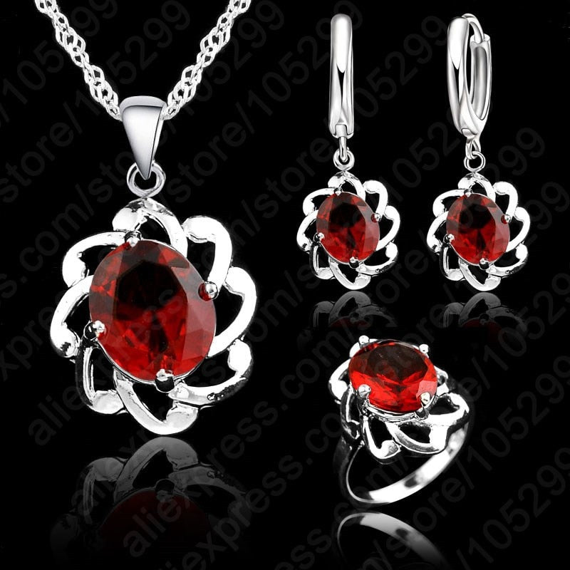 Hot Sale Jewelry Set 925 Sterling Silver Needle Chains Red Austrian Crystal  Earring/Necklace /Ring Set  Wedding Gift For Women - luckacco