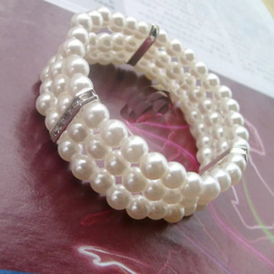 Luckacco Fashion Women's Three-layer Rhinestone Imitation Pearl Bracelet Elegant Flash Drill Multi-layer Elastic Bracelet Bridal Jewelry