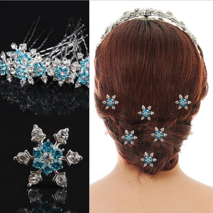 5 Pcs/ Lot Blue Snowflake Crystal U Pick Bridal Hair Pins Bridesmaid Wedding Jewelry Clips 2*70mm Hairpins Hair Accessories - luckacco