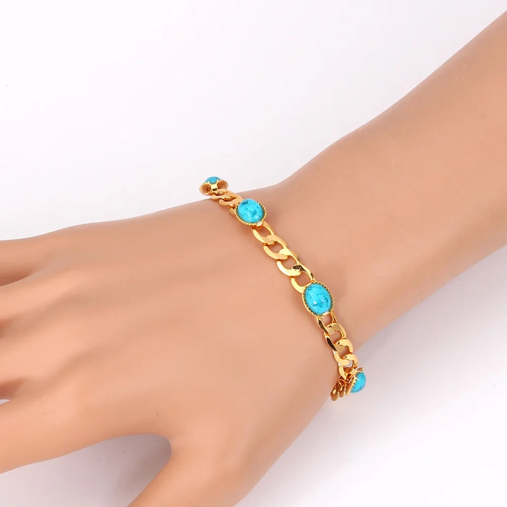 luckacco u7 gold color oval horse eyes round blue turquoise stone beaded chain bracelets for women boho jewelry gift for her qc