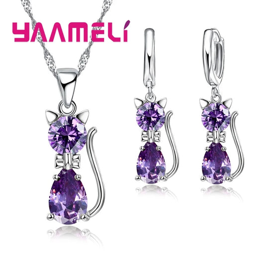 Luckacco Real 925 Sterling Silver Color Jewelry Sets for Woman Girls Shining Austrian Crystal Cute Cat Pendant Necklace Huggie Earring