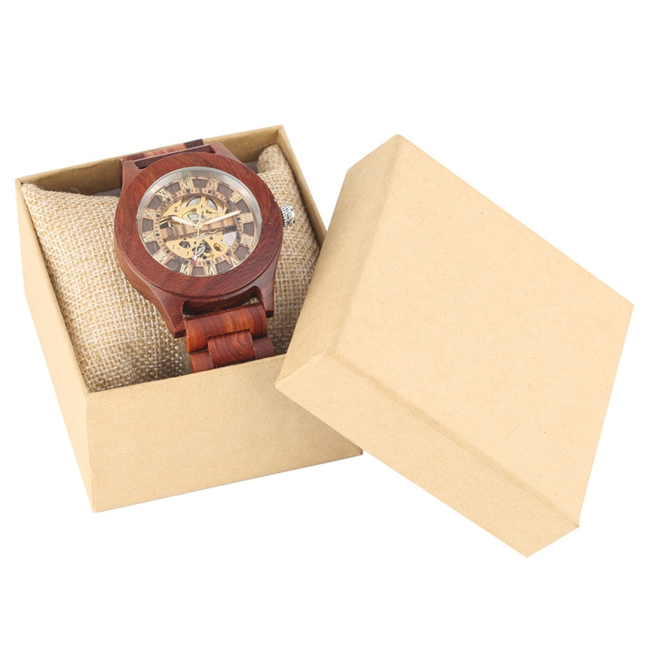 Luxury Red Wood Watch Mechanical Self Winding Wooden Watches Creative Unique Automatic Timepiece Men Watch reloj masculino - luckacco