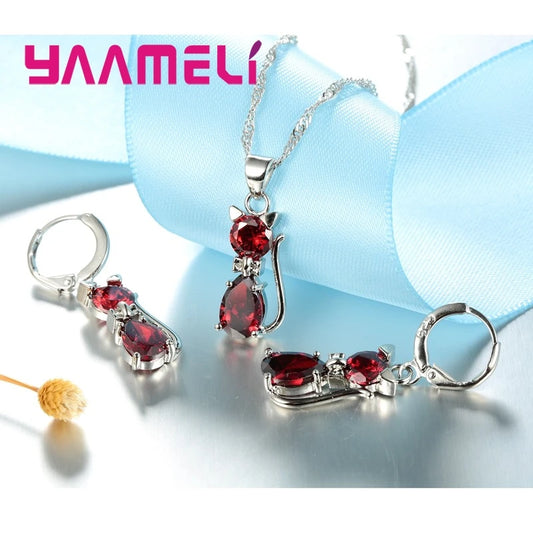 Luckacco Real 925 Sterling Silver Color Jewelry Sets for Woman Girls Shining Austrian Crystal Cute Cat Pendant Necklace Huggie Earring