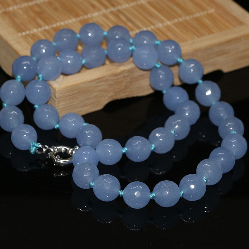 Hot blue 10mm faceted round beads stone jades beads  chalcedony whoelsale price high grade necklace for women 18inch B1014 - luckacco