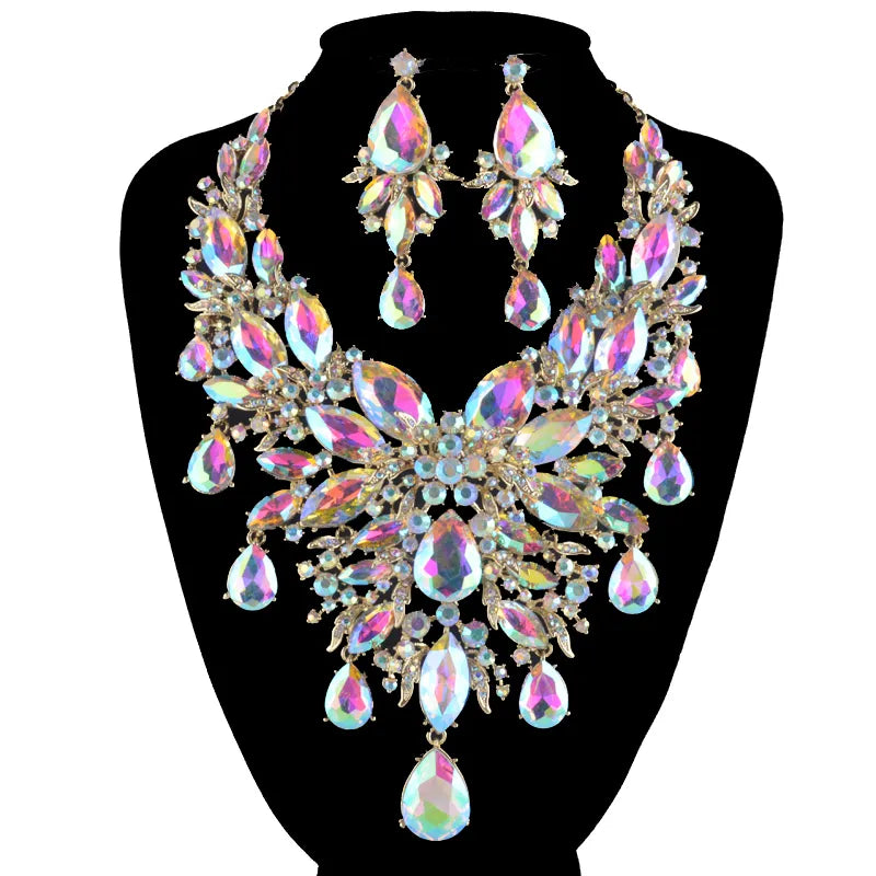 9 Color Women Rhinestone Pageant Jewelry Sets Pecock Style Fashion Bridal Party Wedding Dress Necklace Earrings Christmas Gift