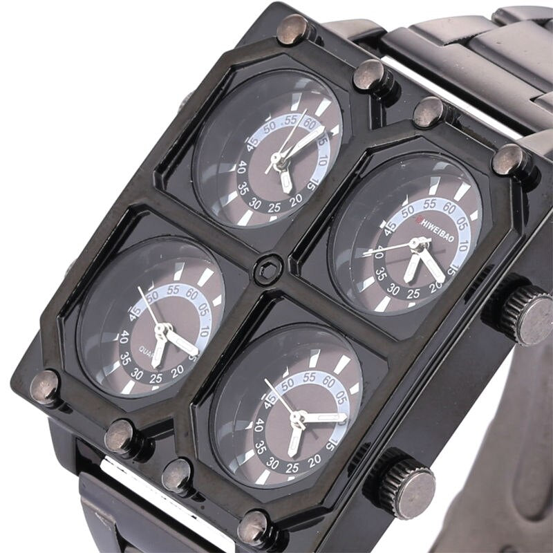 Shiweibao Quartz Watches Men Watch Luxury Brand Four Time Zones Military Wristwatches Full Black Steel Watchband Clock Male New - luckacco