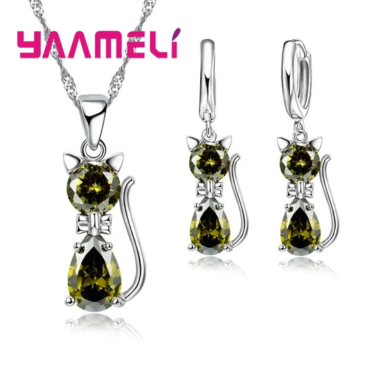 Luckacco Real 925 Sterling Silver Color Jewelry Sets for Woman Girls Shining Austrian Crystal Cute Cat Pendant Necklace Huggie Earring