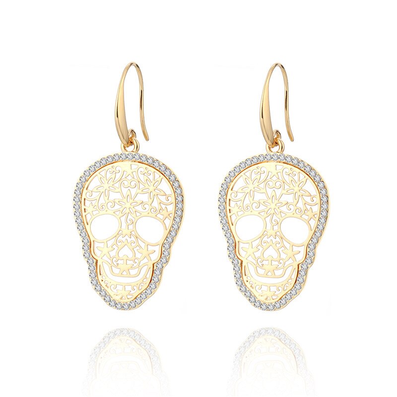 2022 Halloween Gold Skull Earrings for Women Flower Skeleton Crystal Earring Vintage Hollow Skull pendientes mujer Jewelry Gift - luckacco