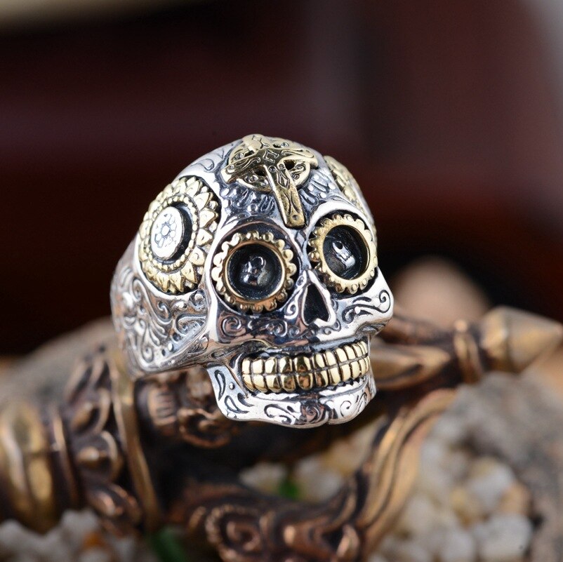 100% real s925 sterling silver jewelry vintage Thai silver ring for men cross skull men's rings Man silver rings - luckacco