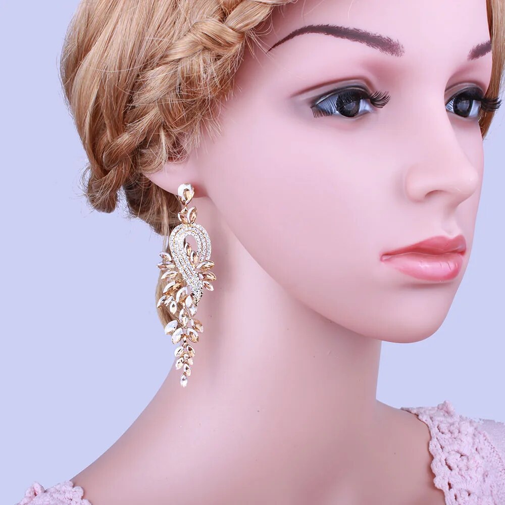 FARLENA Wedding Jewelry Full Crystal Rhinestone long Drop Earrings for Women Fashion Bridal Party Earrings