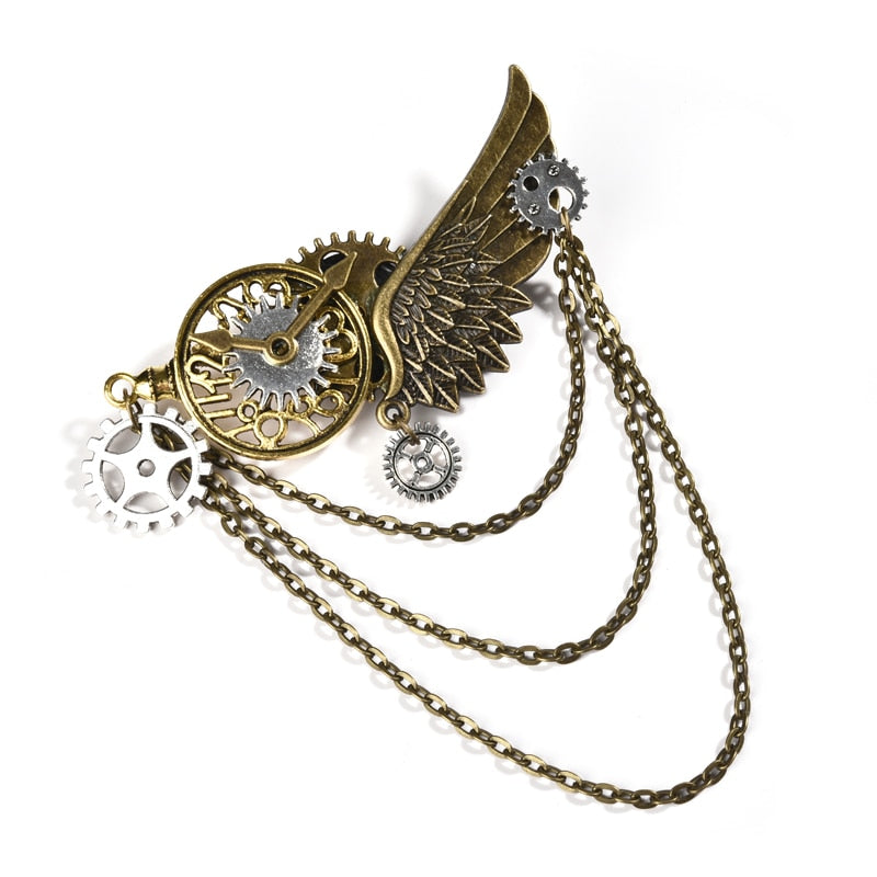 Women Vintage Steampunk Wings Hair Clip Headwear Gears Bronze Chains Pin Brooch Hairpin Cogs Accessories - luckacco